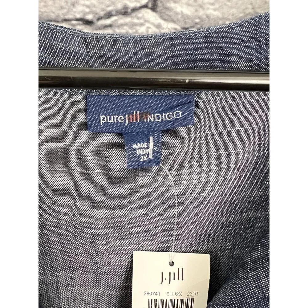J. Jill Pure Jill Indigo 2X  Whipstitched Embroidered Dress Chambray Tencel Blue - Picture 7 of 11
